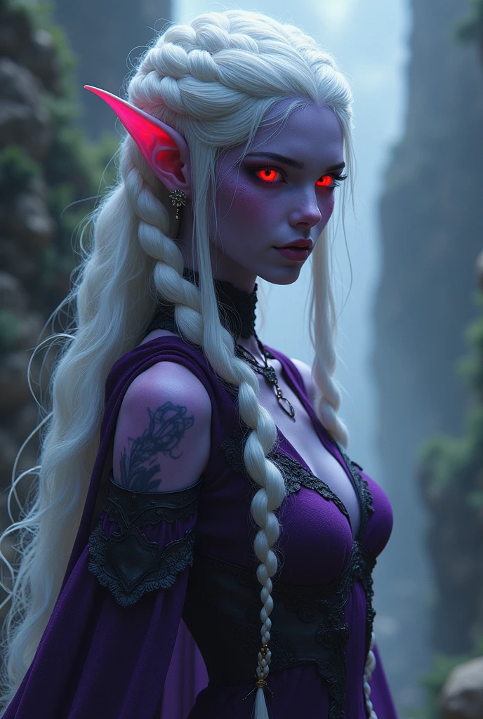 Beautiful portrait of perfect ((drow sorceress girl)), slender body, perky breasts, (pale silver long elaborate braids), (dark purple skin:1.5), wearing (white sorcerer robe), (red eyes:1.2), pointed ears, perfect features, abstract beauty, near perfection, pure form, dynamic pose, standing on a cliff, (strong cinematic lighting), ((rim lighting)), concept art by Greg Rutkowski and John William Waterhouse and Alphonse Mucha, stunning details, intricate details, 8k post-production, High resolution, super details, trending on ArtStation, sharp focus, depth of field f/1.8, studio photos, (((looking at camera)))