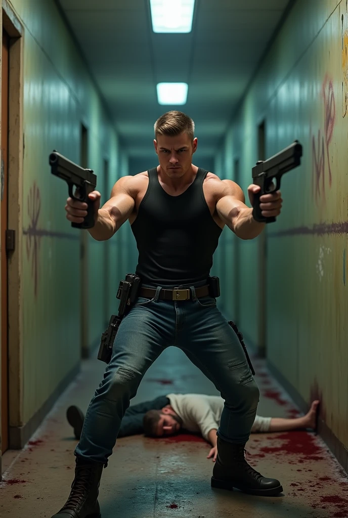 (raw photo, best quality) , (Realistic, photo-realistic: 1.4), extremely formidable overall plan, masterpiece, ultra-detailed, high resolution, best illustration, best shadow, complex, depth of field, war, combat, 1 man, he is athletic, he has short hair, his look is serious, he’s wearing a black tank top, blue jeans, ranger boots, he has a pistol in each of his hands, Semi-automatic pistol [Glock] large silent magazine and laser sight [Fire moderator] [Large magazine], he’s facing us, and he’s aiming with his pistol, he is in a run-down corridor, facing him, there is a bloody bullet-riddled  [blood] [Corpse], Photorealist style 8k, DSLR, high quality, (film grain: 1.4), Fujifilm XT3,