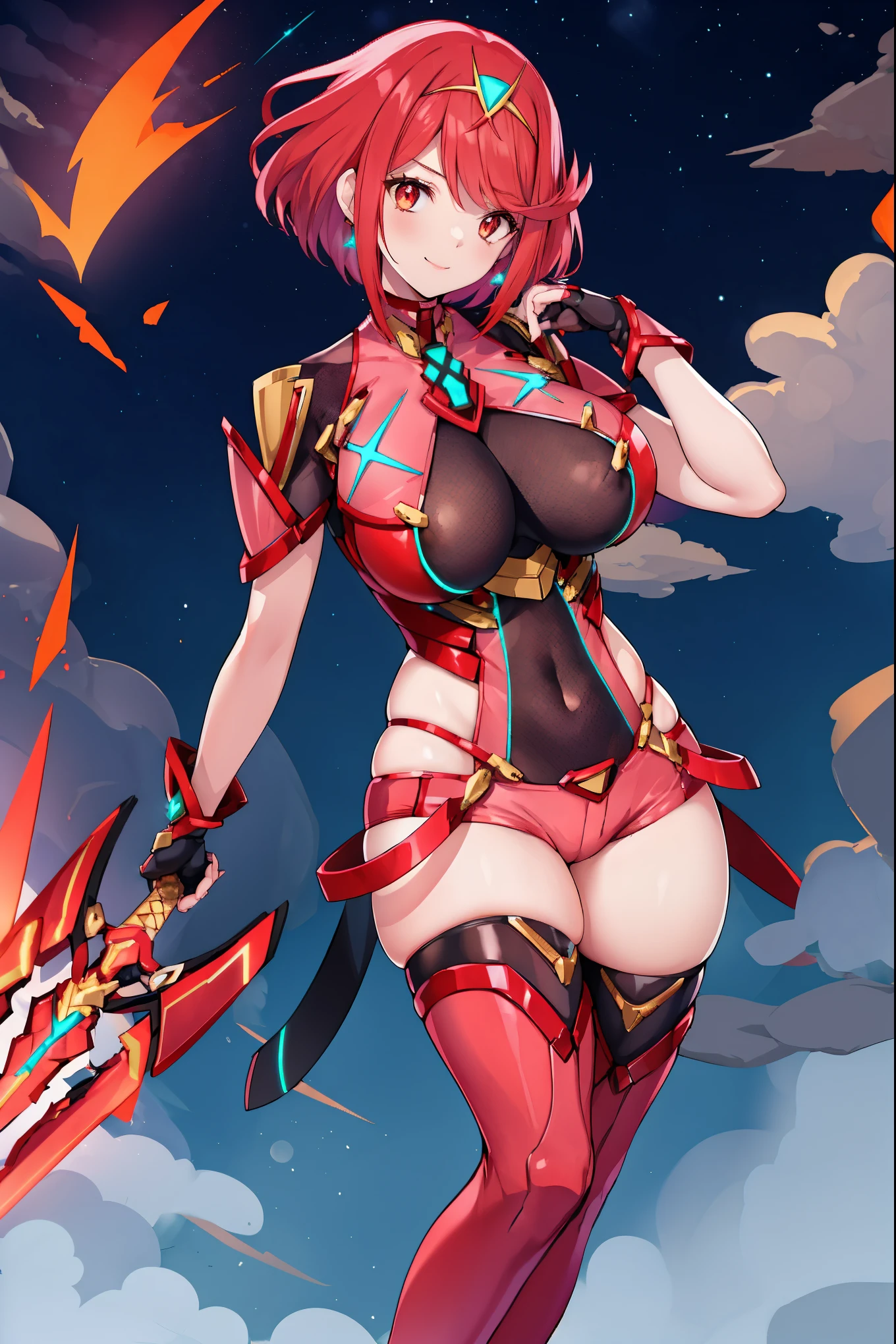 pyra \(xenoblade\), young_teen_1girl, armor, bangs, black gloves, breasts, red eyes, closed mouth, earrings, eyelashes, fingerless gloves, floating hair, framed breasts, gem, gloves, hair ornament, headpiece, jewelry, big_breasts, leaning back, leotard, neon trim, official art, pose, red hair, red shorts, saitou masatsugu, short hair, short shorts, short sleeves, shorts, sidelocks, skin tight, solo, standing, swept bangs, thighhighs, tiara, night_prairie_background, turtleneck, underbust, vambraces, xenoblade chronicles \(series\), (xenoblade chronicles 2), apart_legs, fire_effect,dynamic_pose_fighting,light_smile, (plump:1.1), big_ass,huge_sword, hold_large_sword_hilt, solo, covered_nipples, covered_pussy,