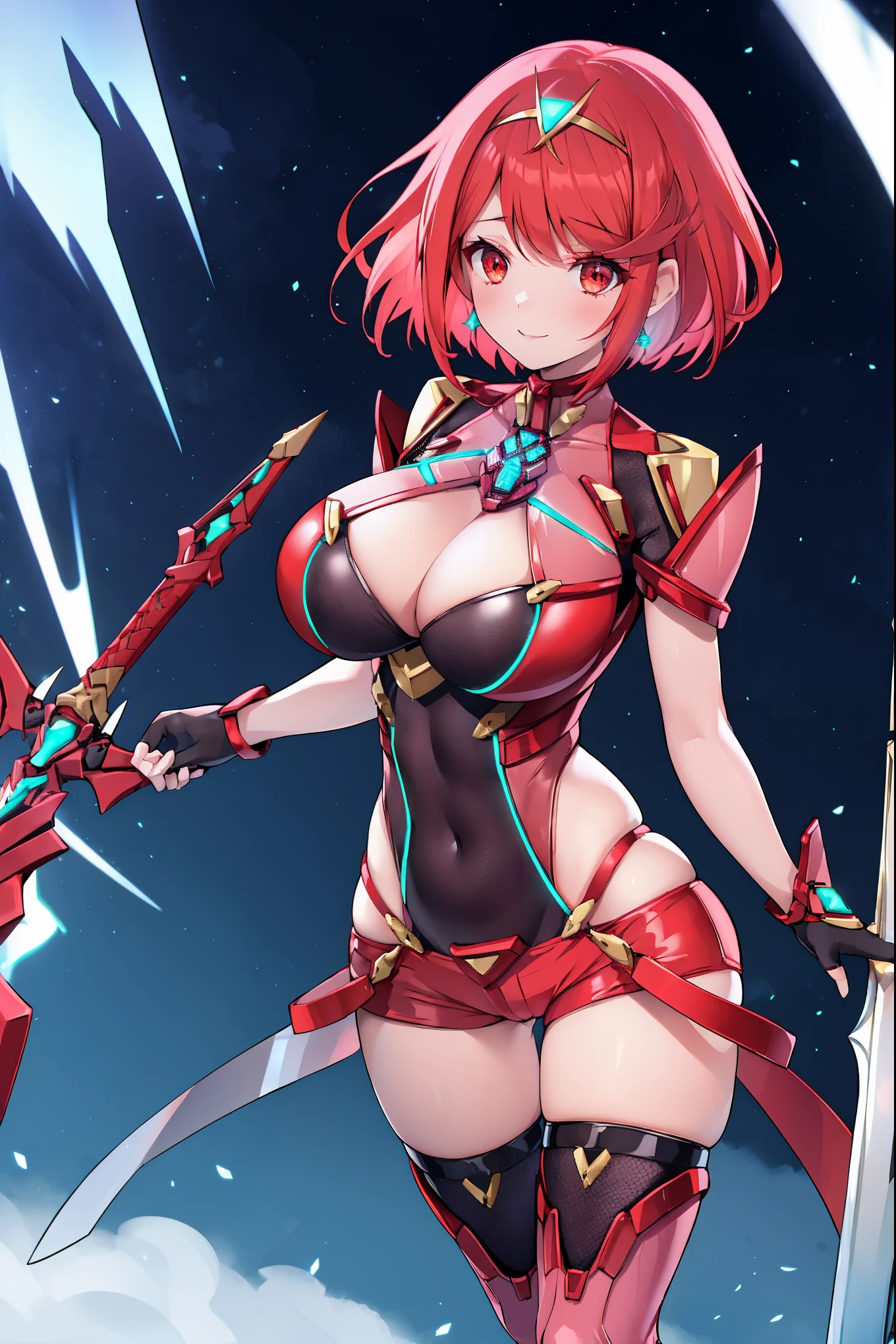 pyra \(xenoblade\), young__1girl, armor, bangs, black gloves, breasts, red eyes, closed mouth, earrings, eyelashes, fingerless gloves, floating hair, framed breasts, gem, gloves, hair ornament, headpiece, jewelry, big_breasts, leaning back, leotard, neon trim, official art, pose, red hair, red shorts, saitou masatsugu, short hair, short shorts, short sleeves, shorts, sidelocks, skin tight, solo, standing, swept bangs, thighhighs, tiara, night_prairie_background, turtleneck, underbust, vambraces, xenoblade chronicles \(series\), (xenoblade chronicles 2), apart_legs, fire_effect,dynamic_pose_fighting,light_smile, (plump:1.1), big_ass,huge_sword, hold_large_sword_hilt, solo, covered_nipples, covered_pussy,