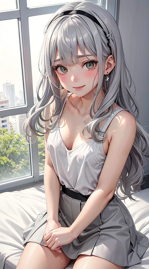 1Girl, Solo, Anime, Ideal body, down blouse, (Small :1.1), (Hard nipple Beautiful, Gorgeous, Fresh, Blunt Bangs, (White Grey Hair:1.5),(Straight and Wavy Long Hair:1.3), casual, laced, skirt, Comfort, cotton Texture. (Sit on bed:1.3). Earrings, Thin Black Headband, Green Accessories, Environmental Details, Bed Room, Natural Light, Modern Bed, Chair, Window, White Curtain, City View. pov, anime style, UHD, retina, masterpiece, accurate, anatomically correct, textured skin. High Resolution, Looking at the viewer, Blush, Best Quality, Award Winning, Accurate, Embarrassed, seductive smile, sweating, Naughty Face, Naughty, Gradient Eye Color, Sexy Pose. Coy Shot, licking lips.