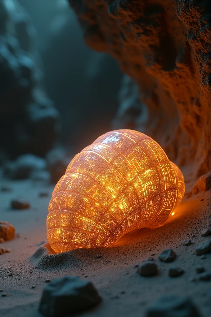 The Ancient Artifact: Imagine an ornate shell covered in glowing runes, partially buried in sand. It emits a faint, mystical light, and when touched, it causes the cave walls to shimmer and rearrange.