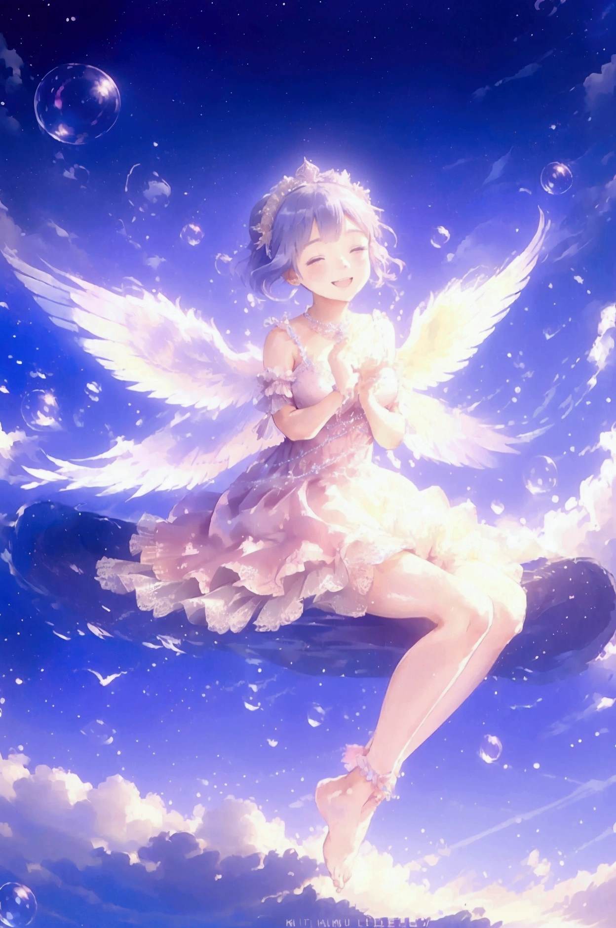 ((Girl floating in the starry sky))、((Multiple Bubbles))、((Beautiful in the middle))、((She has very large wings))、((She smiles sweetly at me))、((She is wearing a dress))、She sits on a rock with her eyes closed and sings