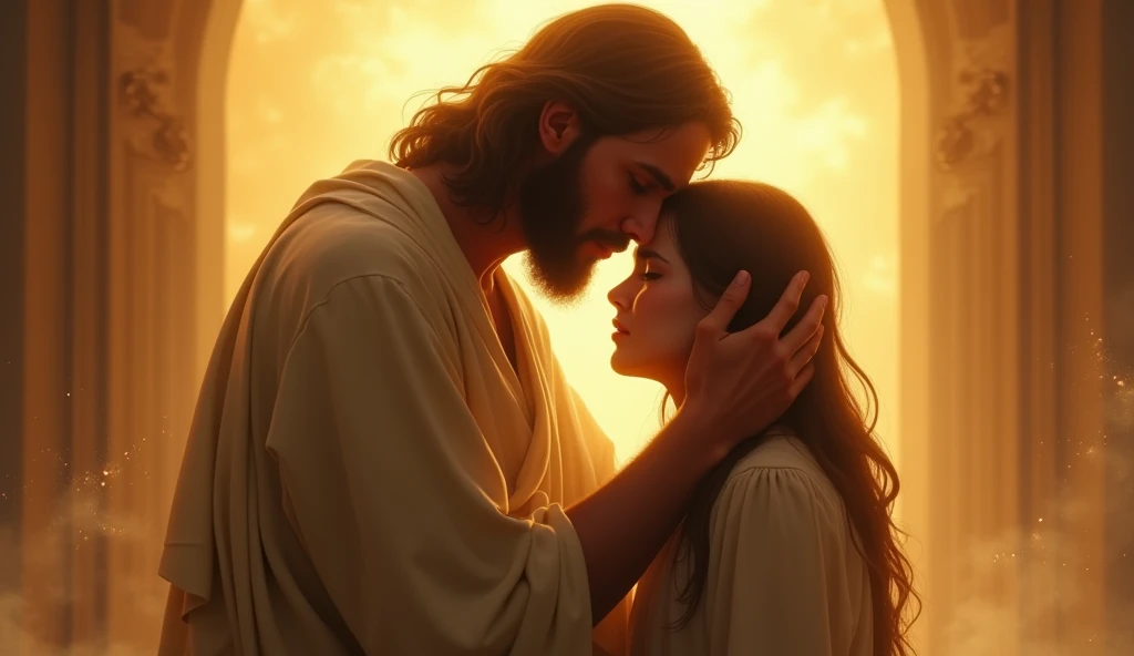 Jesus comforting a crying person, with a warm, golden light surrounding them.