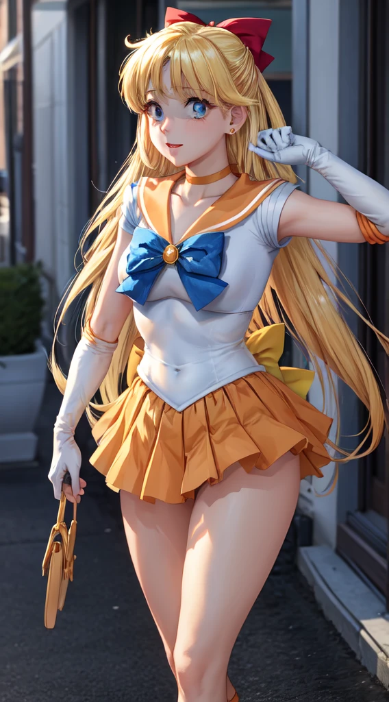 sailor venus best quality, High resolution, venus1, 1 girl, Solo, Warrior Sailor Suit, sailorvenus, aino minako, Blonde hair, magical little girl, Blue eyes, Orange Ultra Mini Skirt, Elbow length gloves, tiarra, Pleated skirt , Hair Bow, Orange Sailor Necklace, Ultra mini skirt, Choker, Red bow, orangechoker, White Gloves, Very long hair,There is a woman wearing a short skirt and a sailor uniform....her white panties are clearly visible.Beautie、, Front light source、assist々Kiki, Ayaka Cosplay, sakimichan hdri, azur lane style, publicity cosplay, cosplay foto, , Anime girl cosplay, Rendering of a girl with a very realistic face, hyper real render