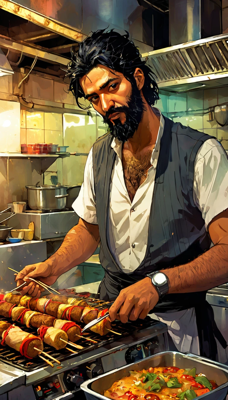 Turkish man, black hair and beard, brown skin, dirty, disheveled, in a kebap kitchen, meat rolls cooking in a commercial kitchen with lots of other food, kebab, meat machine digital art inspired by Bill Sienkiewicz and Dave McKean