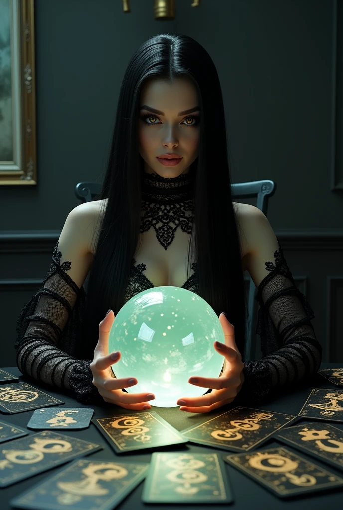 Stunning ultra-realistic in 8K resolution depicting a modern glamorous mysterious woman with black straight long hair, brown eyes, long nails, holding a large magical crystal ball. She is surrounded by many tarot cards, laid out on a dark table and casting an eerie glow. The modern atmosphere is shrouded in darkness, and there is enough light to highlight the woman's intricate costume and the mysterious objects around her. The overall effect is one of mystery, depth and a touch of magic, creating an unforgettable visual experience, photography. 