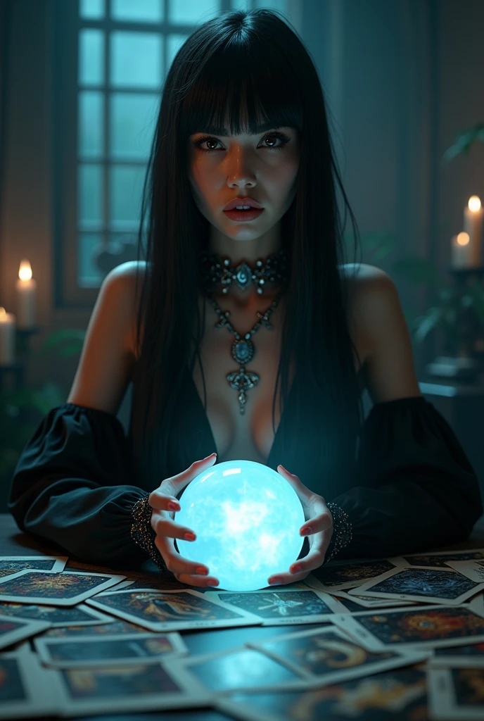 Stunning ultra-realistic in 8K resolution depicting a modern glamorous mysterious woman with black straight long hair, brown eyes, long nails, holding a large magical crystal ball. She is surrounded by many tarot cards, laid out on a dark table and casting an eerie glow. The modern atmosphere is shrouded in darkness, and there is enough light to highlight the woman's intricate costume and the mysterious objects around her. The overall effect is one of mystery, depth and a touch of magic, creating an unforgettable visual experience, photography. 