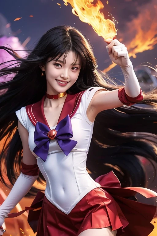 Sailor Mars,Long black hair, Purple eyes, Gold Ring, choker, Purple ribbon, white Elbow Bag, Red Sailor Warrior Uniform, Red Skirt, Elbow Bag, Looking at the audience, strict, Grin, Medium Shot, Keep casting fire spells, fireball, outside, Plain, blue sky, high quality, masterpiece,