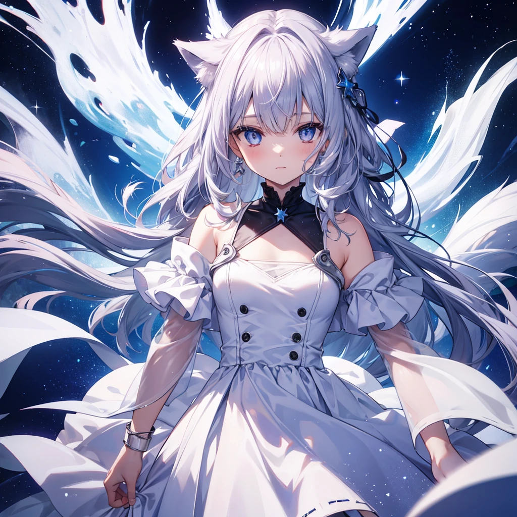 Fox, Indigo eyes, Silver Hair, White Dress, star