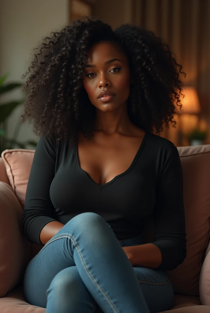 Generate a beautiful black woman with a curvy body wearing a decent long sleeved top and jeans with angry and sad facial expression sitting on a sofa with nice interior
