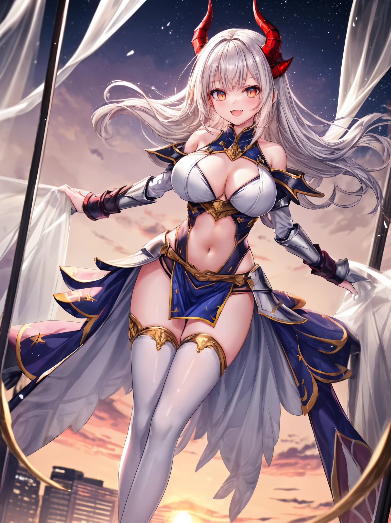 fantasy, 1devil_girl, low_, platina_blond_hair,long_bangs, bare_shoulder, navel out, thighhighs,silver_armor, red_clothes,waist_armor, Glebe, hold_swords, large_tits, dynamic_floating_pose,Floating,(pelvic_curtain:1.3), silver_Headgear ,looking_down_at_sunrise_city_sky_background,,slightly_spread_legs,solo,horn ,smile,,open_legs,open_arms,rise_knee,rise_leg,rise_thigh,rise_leg,apart_legs,fang,Shiny_gold_eyes,crotch
