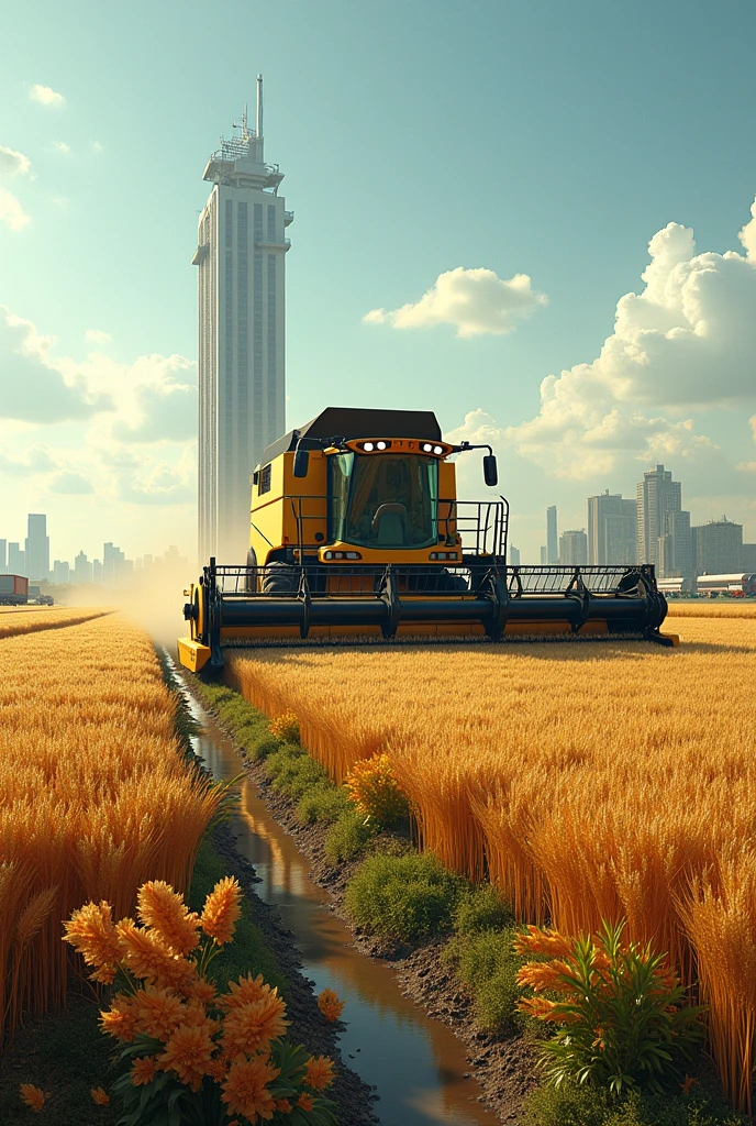 write boldly "Sime PLC..." at the bottom, combine harvester on a huge farm land, a tall building on a far behind, cars around the building ,different kind of farm products on th land, a shade made of glass on the land,a water source on the side,