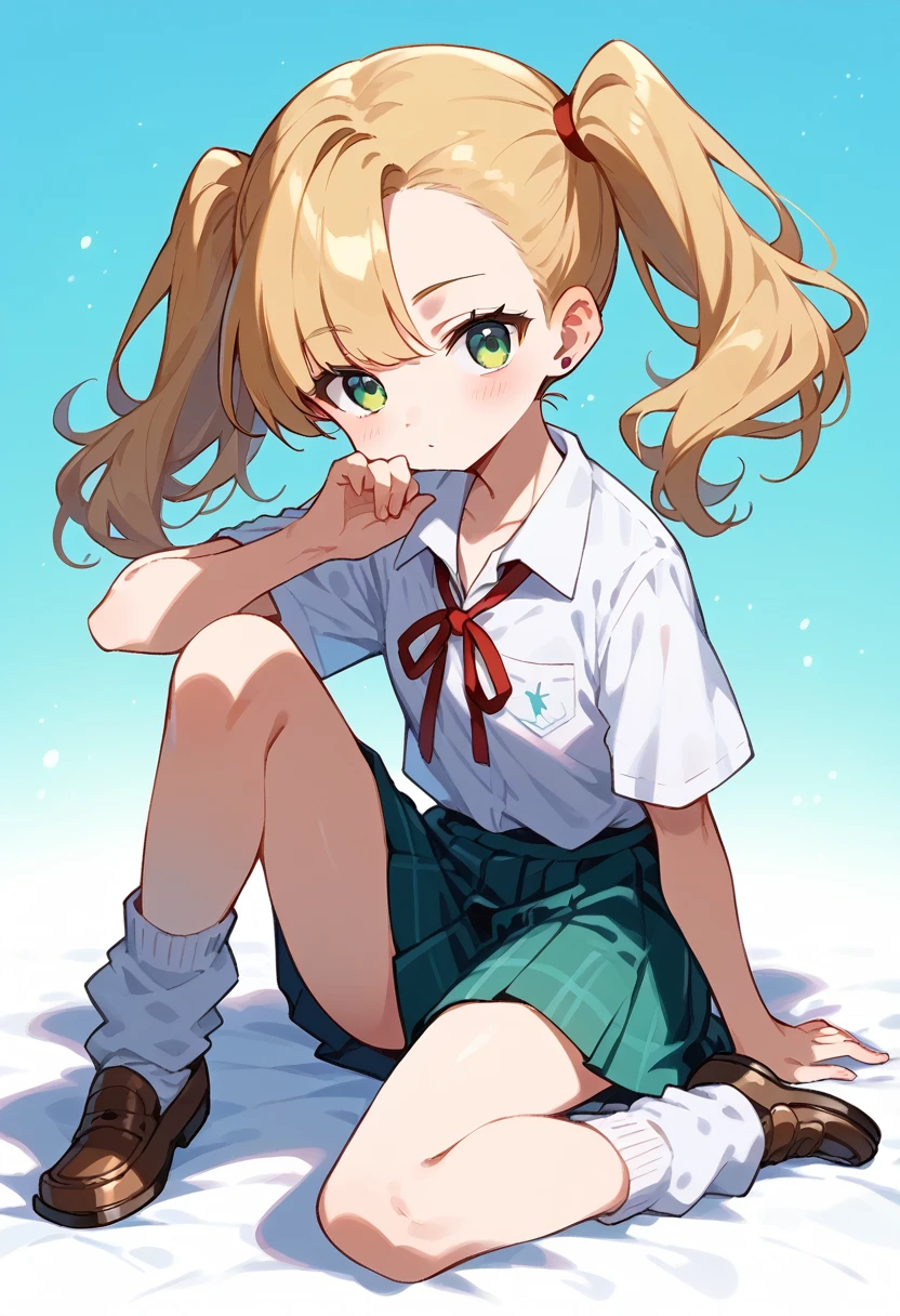 masterpiece, (score_9,score_8_up,score_7_up,score_6_up), 1 girl, green eyes, little sassy, bitch / cockslut / whore, skinny, tsurime, asymmetrical bangs, twintails, (blond hair:1.3), (school uniform), (white collared shirt, plain pattern shirt, short sleeves, shirt tucked in:1), (red plain pattern narrow neck ribbon:1.2), brown loafers, white loose socks ,chibi only,chibi,