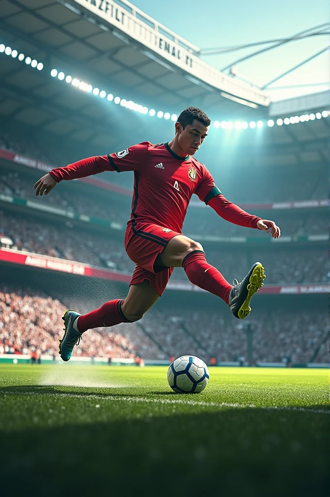 Cristiano Ronaldo kicking a football in a stadium and Ameer Hamza written on stadium