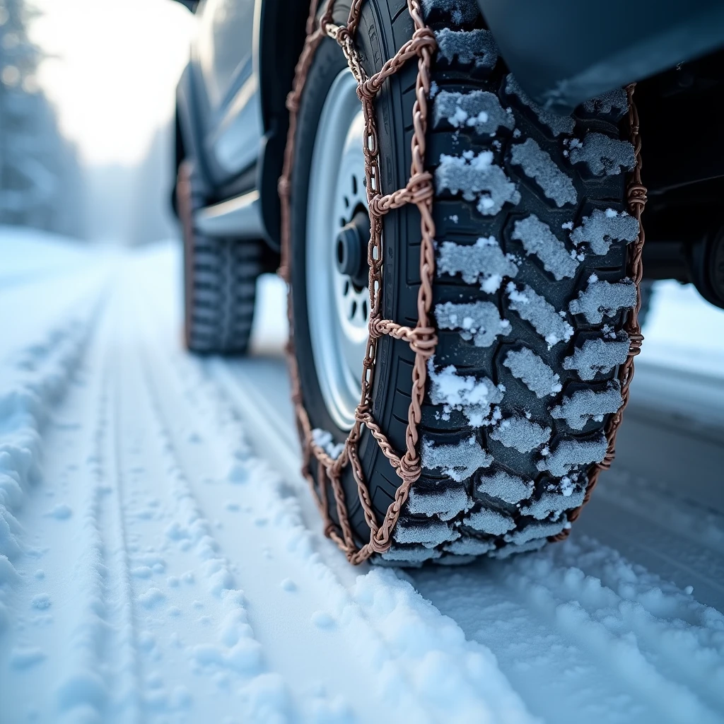 tire chains, close-up, snow covered roads,