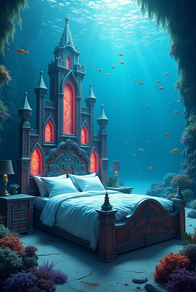 In the sea。A castle-like bed with beautiful neon lights and a comfortable feel