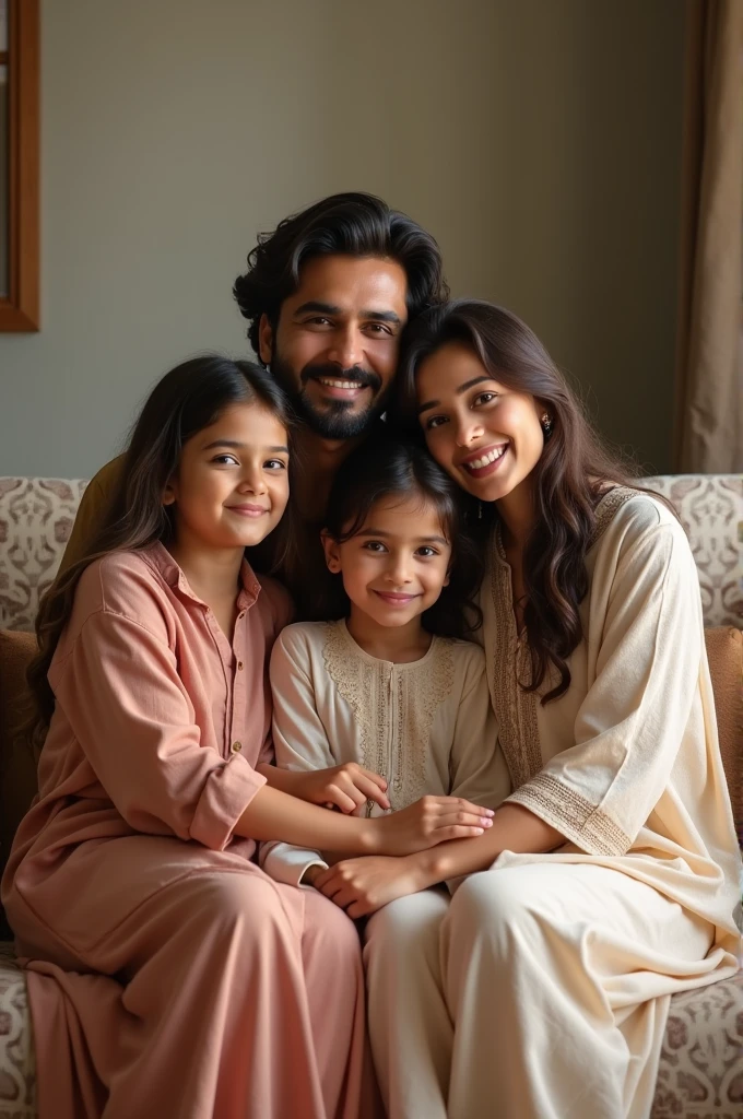 two daughters and one son on sofa with Pakistani father and mother