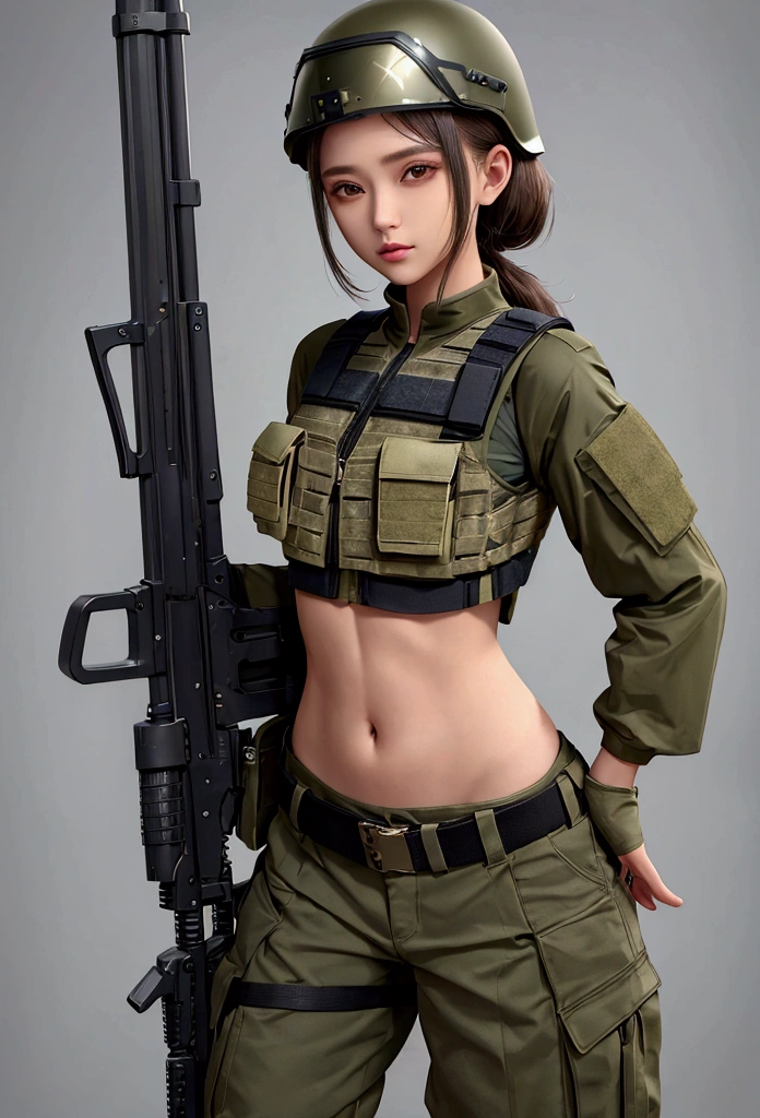 girl in crop top military bulletproof vest , military green cargo pants, belt, military helmet, tactical, (open navel), see through clothes close belly