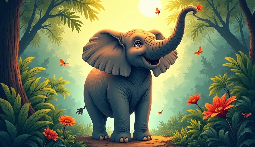 full-page illustration of Elephant trumpeting in a colourful jungle, her powerful
stance and determined expression conveying her belief in her own worthiness for children book.