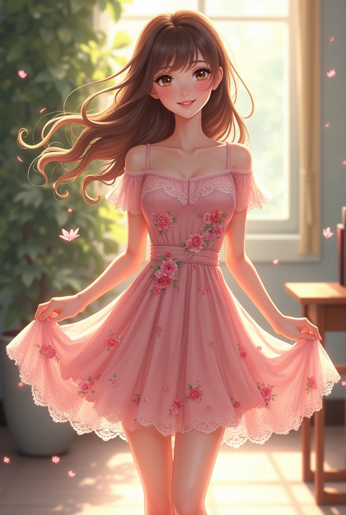 Lace,Pink floral dress,Short skirt,whole body,High heel,Smile,Looking at the camera lovingly,School Belle