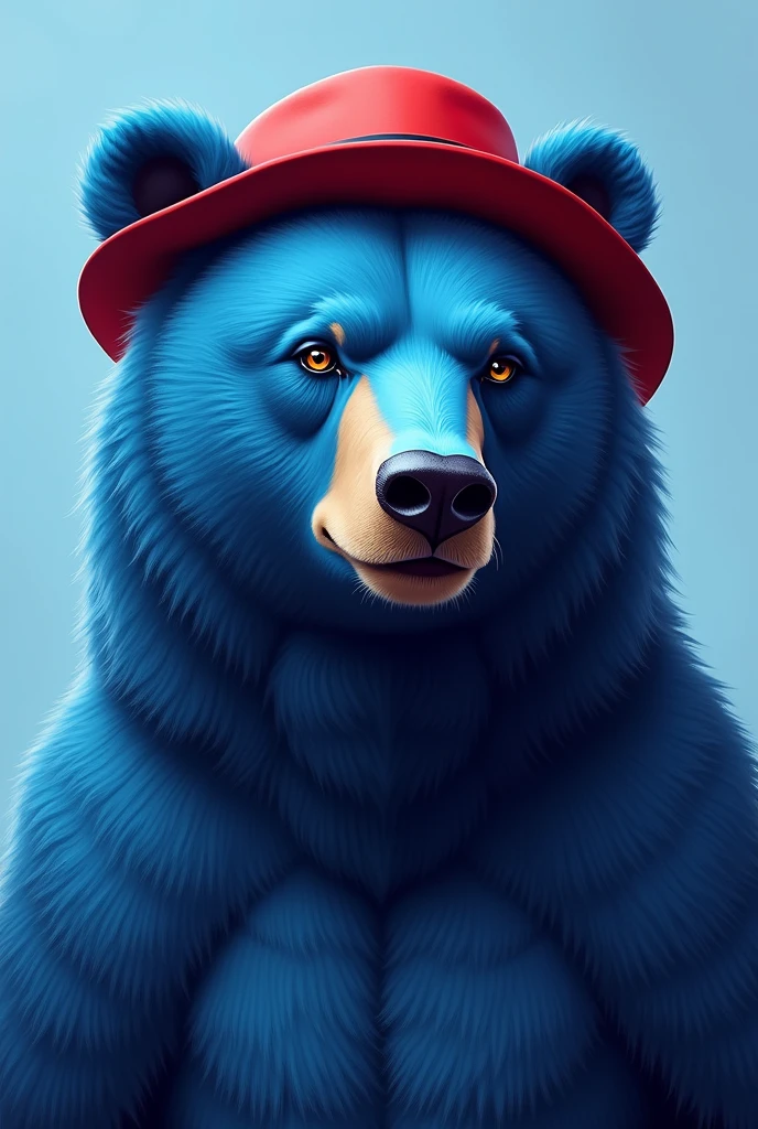 blue bear , light blue background , edgy , portrait , noble , red hat broski summer ,  broski 