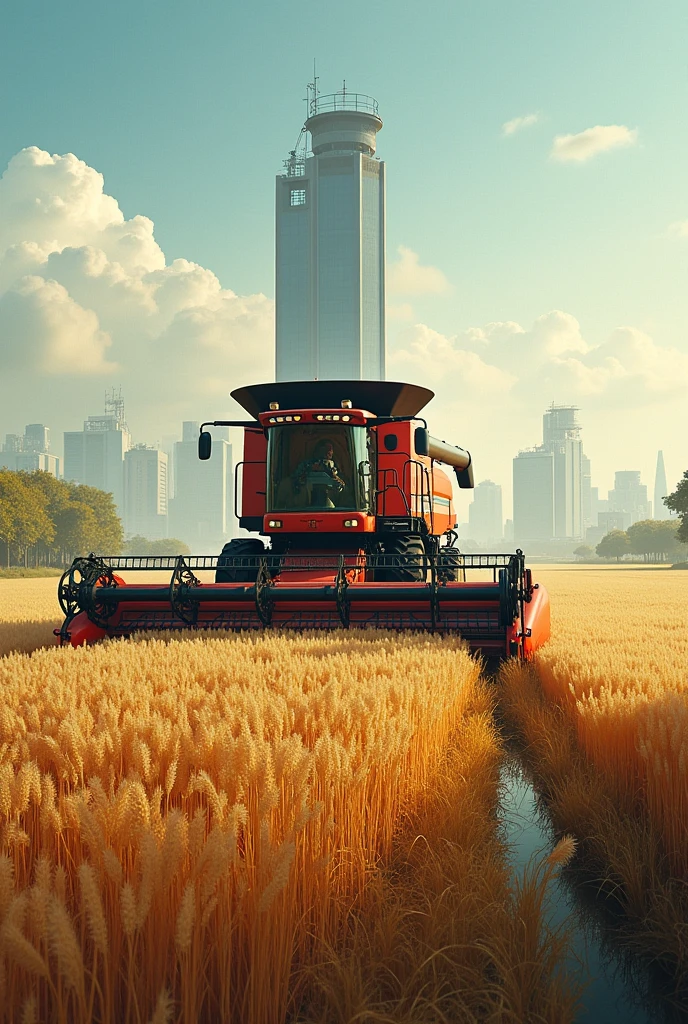 write boldly "Sime PLC..." at the bottom, combine harvester on a huge farm land, a tall building on a far behind, cars around the building ,different kind of farm products on th land, a shade made of glass on the land,a water source on the side, 