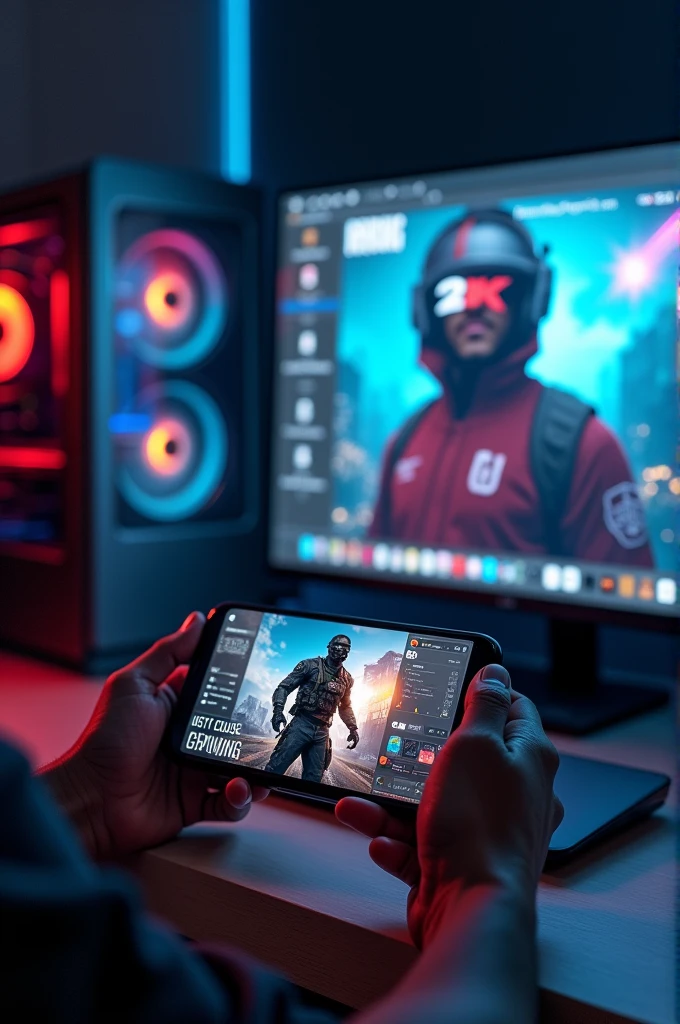Create a gamer Profile picture with the phrase"Just Cause Gaming" using a mobile phone running call of duty as well as gaming PC running NBA 2k24