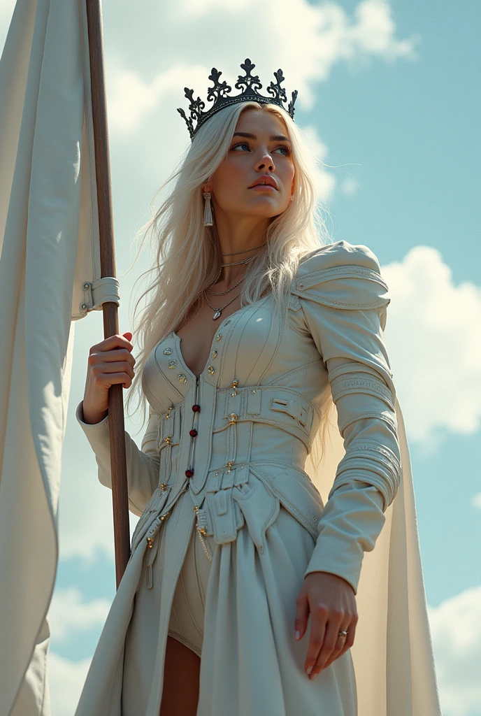 full view of a queen, a 30 years old woman, very long blond hair, blue eyes, slim, A woman stands. She holds a large white flag with pride, she wears a futurist cream and blue dress made from a mix of printed circuit board alloy and leather fabric, futurist crown.