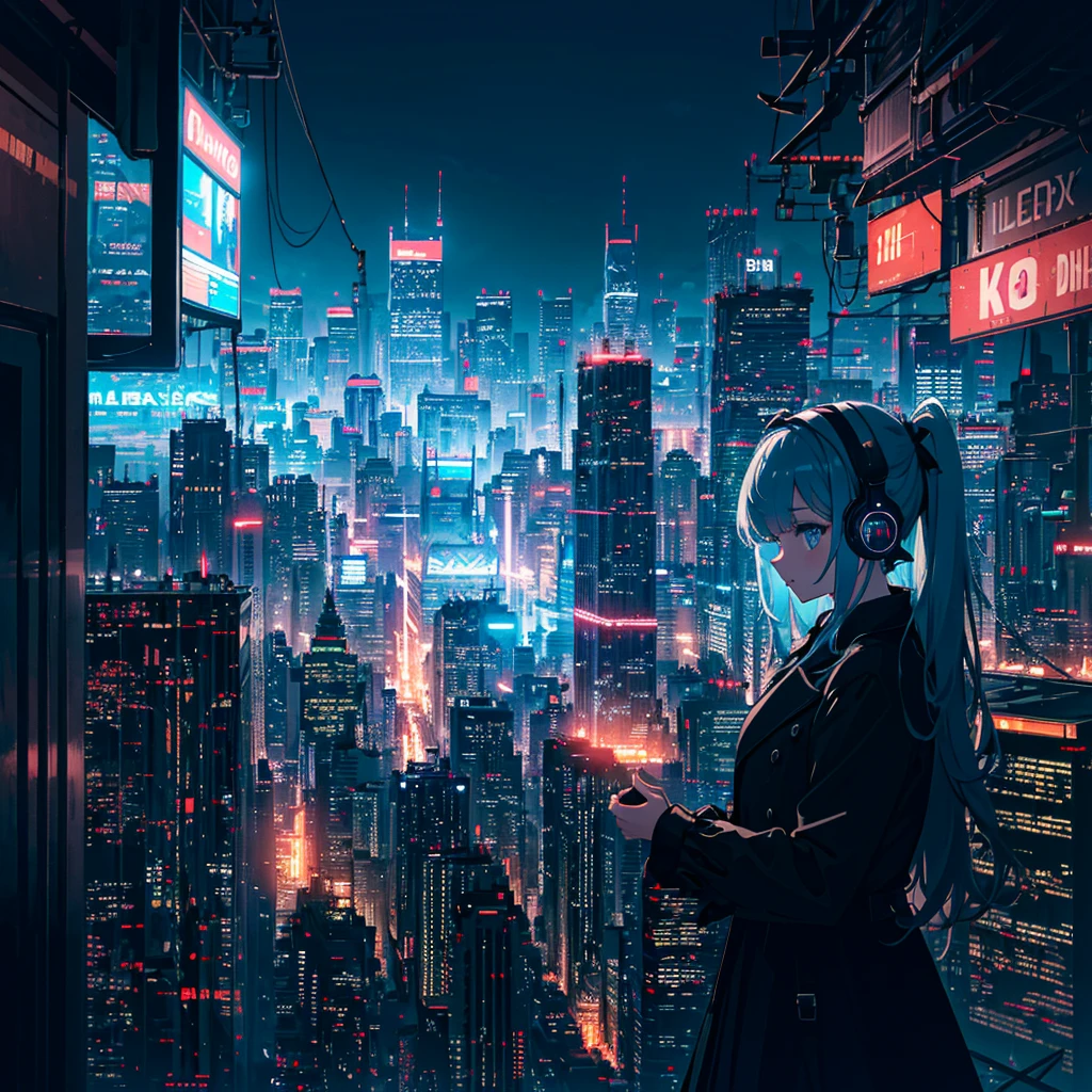 (masterpiece,8k wallpaper, best quality),(best illumination, best shadow, an extremely delicate and beautiful),
1girl,blue eyes,building,city,city lights,cityscape,cyberpunk,headphones,holographic interface,jacket,long hair,long sleeves,neon lights,night,skyscraper,solo,
(lolita fashion),