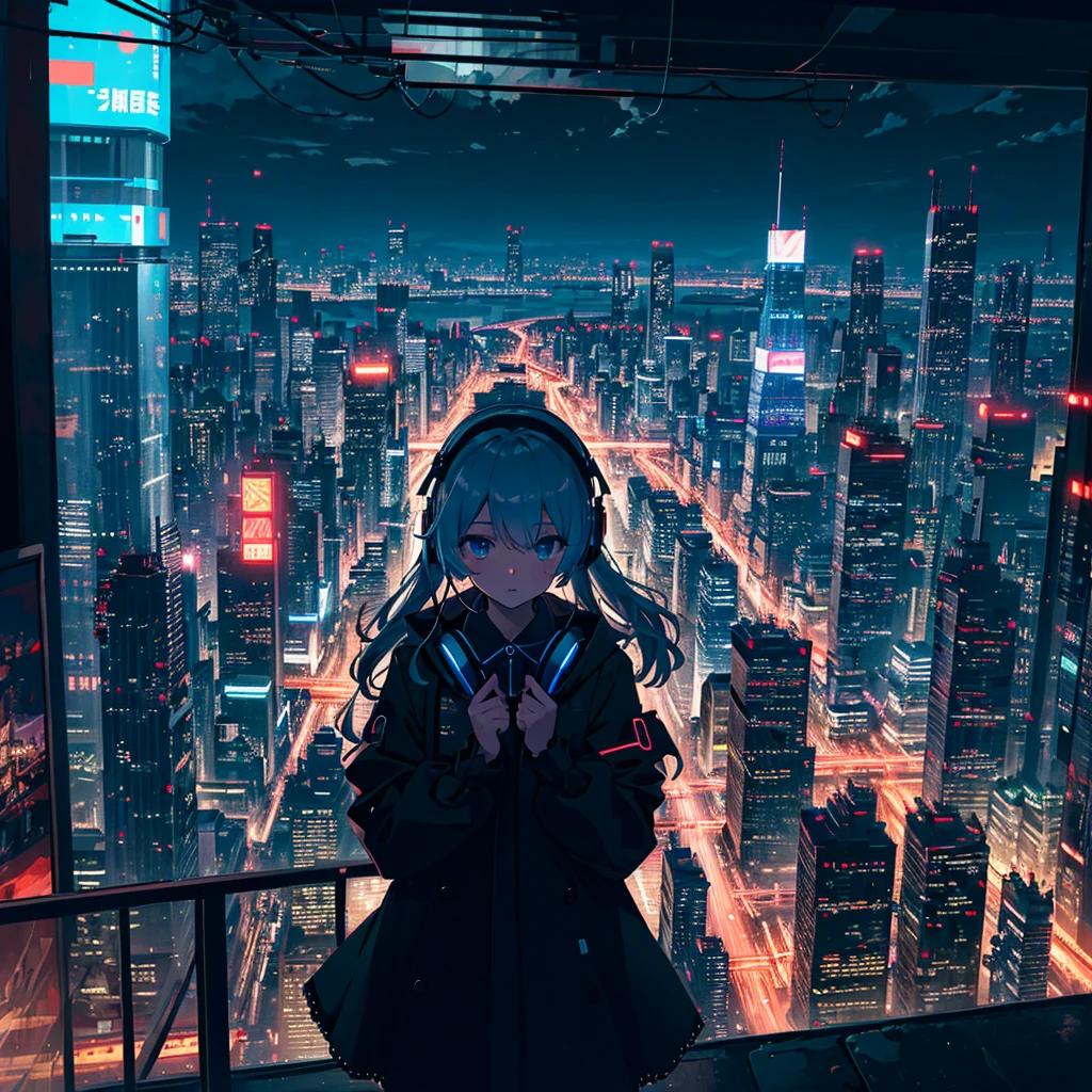 (masterpiece,8k wallpaper, best quality),(best illumination, best shadow, an extremely delicate and beautiful),
1girl,blue eyes,building,city,city lights,cityscape,cyberpunk,headphones,holographic interface,jacket,long hair,long sleeves,neon lights,night,skyscraper,solo,
(lolita fashion),