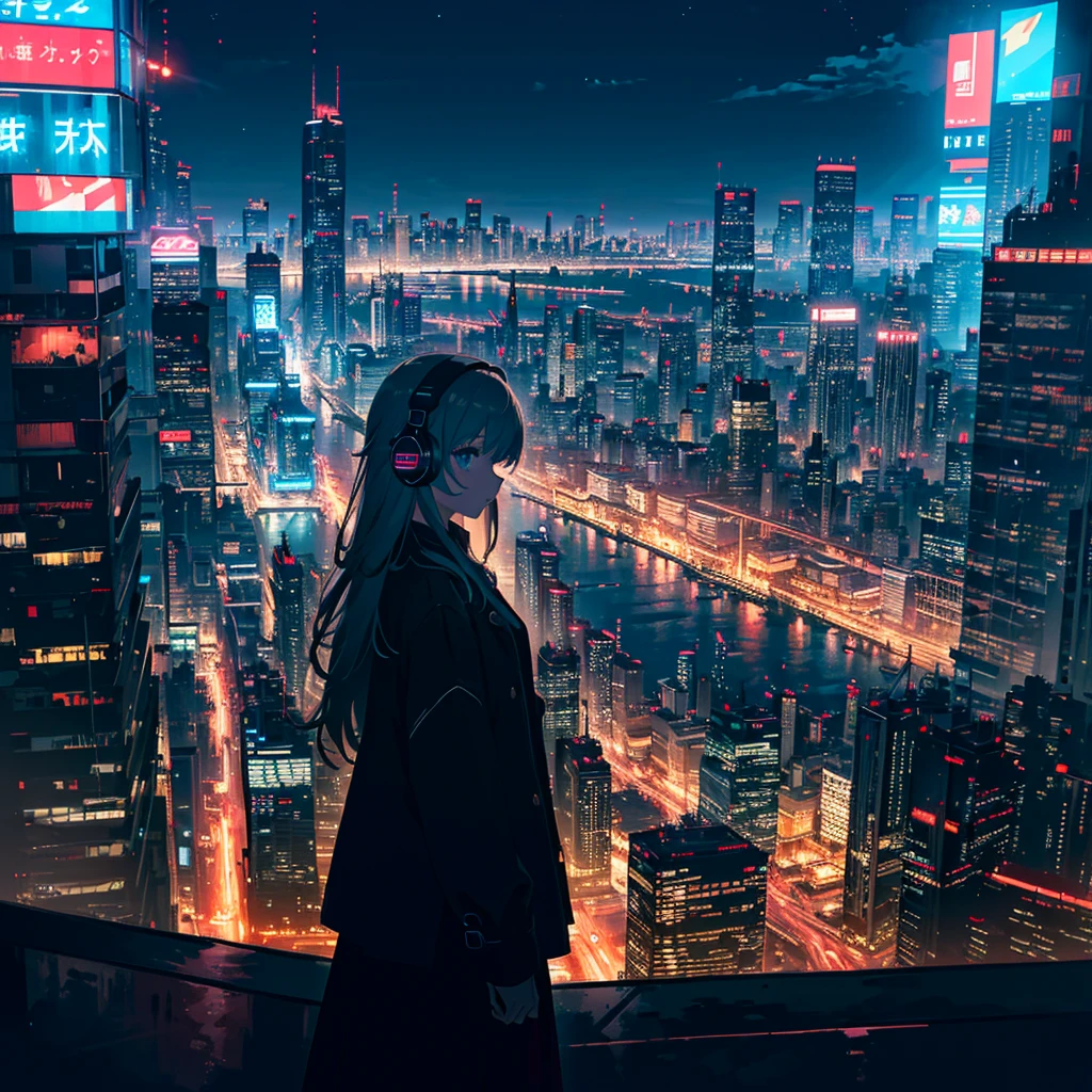 (masterpiece,8k wallpaper, best quality),(best illumination, best shadow, an extremely delicate and beautiful),
1girl,blue eyes,building,city,city lights,cityscape,cyberpunk,headphones,holographic interface,jacket,long hair,long sleeves,neon lights,night,skyscraper,solo,
(lolita fashion),