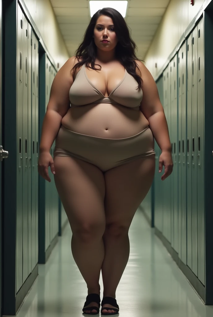 , super thicc, massive breery tall, ((3 meters tall)). Brunette,blushing and smiling, fat, head reaches The ceiling. In a school hallway. Wearing tight clothes, so tall she has to Lean down. Leaning down looking Down at The camera. ((Picture taken looking up at her breasts) (antess))