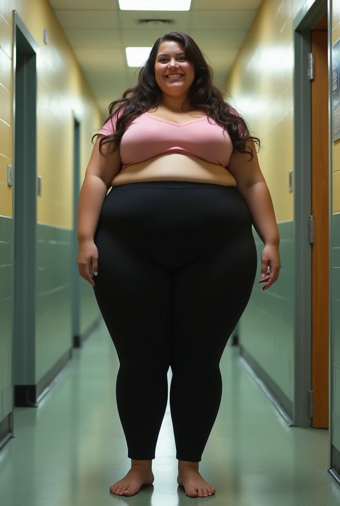 Bbw, super thicc, massive breasts, very tall, ((3 meters tall)). Brunette,blushing and smiling, fat, head reaches The ceiling. In a school hallway. Wearing tight clothes, so tall she has to Lean down. Leaning down looking Down at The camera. ((Picture taken looking up at her breasts) ((Minigiantess)) 