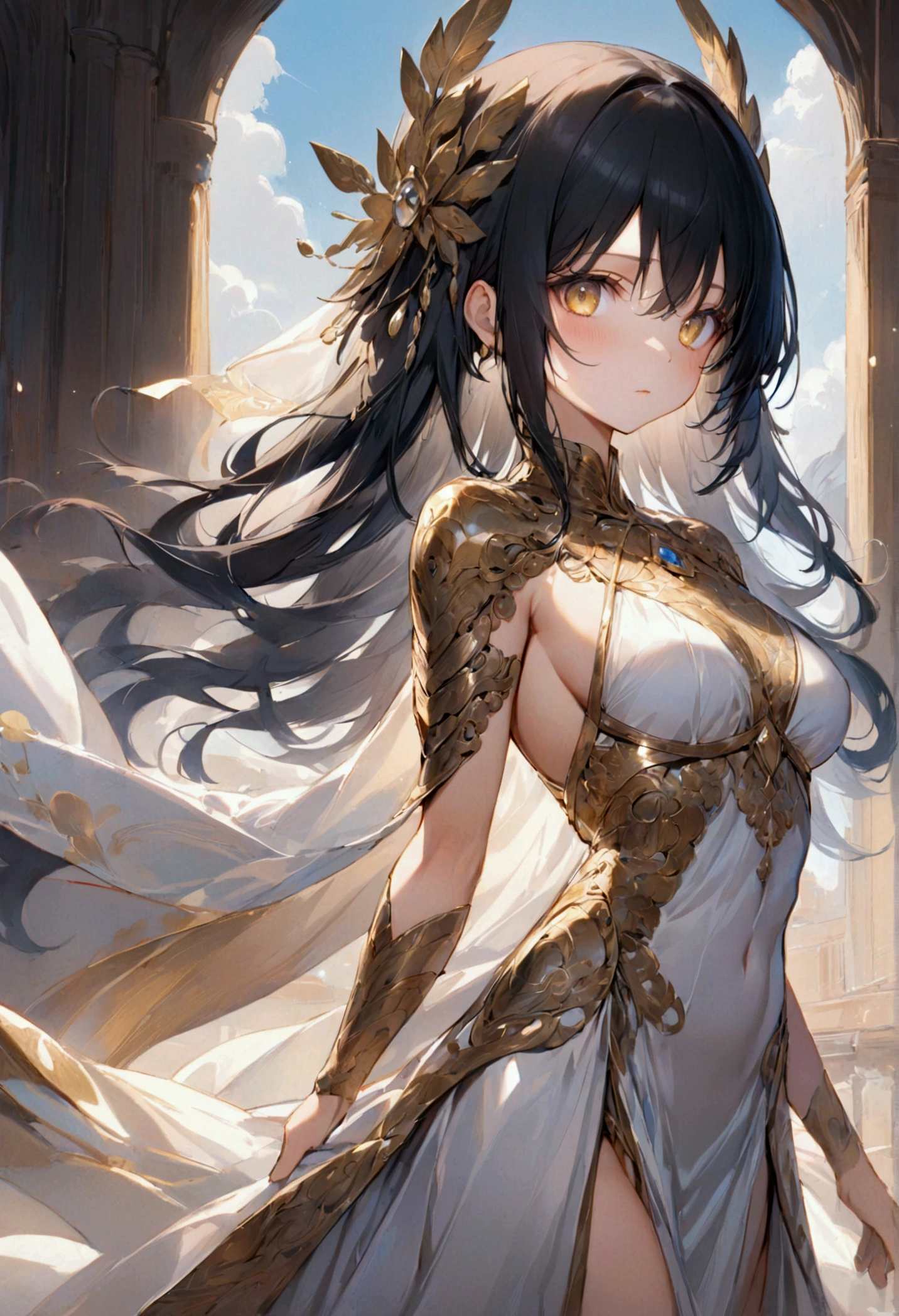 Adult Anime girl with long straight still black hair with white highlights, golden eyes,warrior dress, detailed body, detailed eyes, masterpiece, best quality, aesthetic, standard pose, 8k, high resolution, ultra-sharp. 