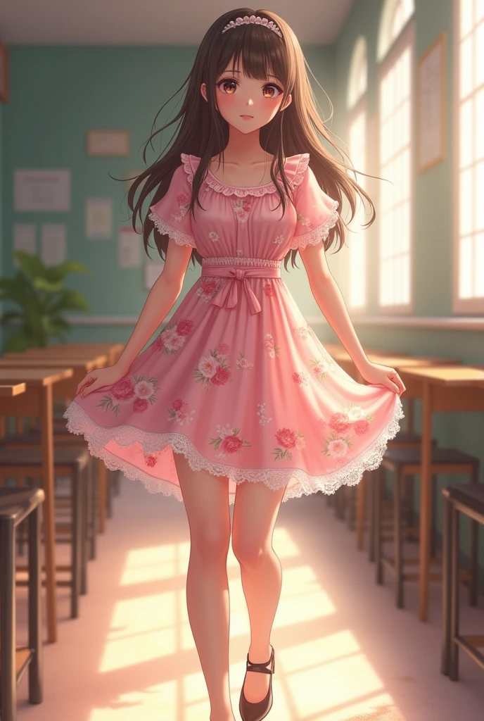Lace,Pink floral dress,School Belle,Short skirt,whole body,High heel,Smile,student,Looking at the camera lovingly