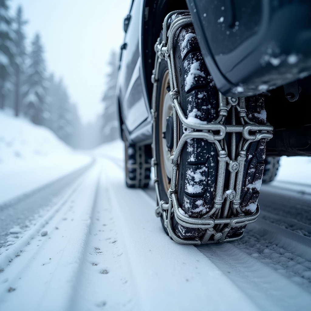 tire chains, close-up, snow covered roads,