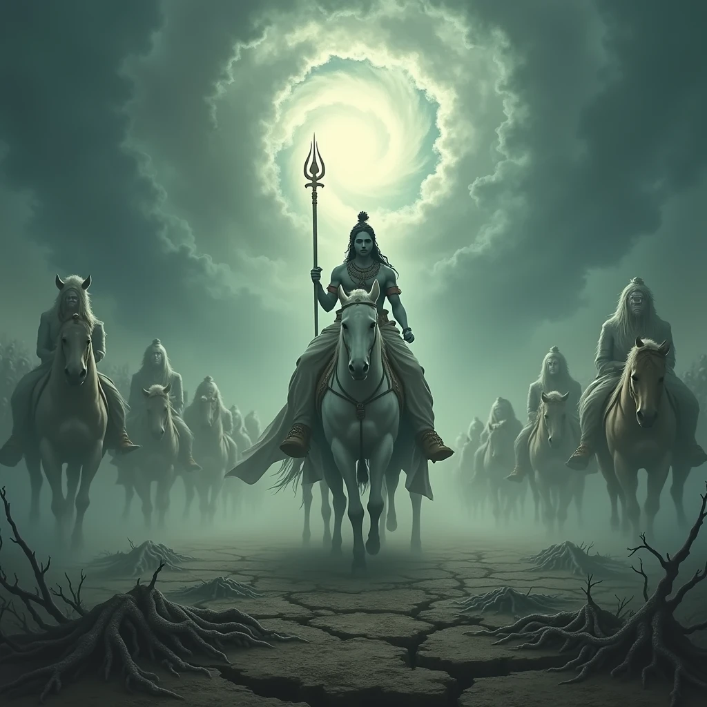 Imagine a mystical battlefield where Arjuna is surrounded by ghostly apparitions of his ancestors, their faces etched with sorrow and warning. His chariot is at the center, illuminated by a soft, ethereal light emanating from Krishna, who stands calmly beside him. The sky is filled with swirling clouds, darkened by the impending doom of family destruction. In the distance, the Kaurava army appears as shadowy figures, their faces obscured by a dense fog of greed and ignorance. The ground beneath Arjuna is cracked, with roots of ancient family trees breaking through, symbolizing the fragile nature of lineage and the weight of ancestral responsibility. The overall mood is one of tension, inner conflict, and the looming presence of a moral dilemma.