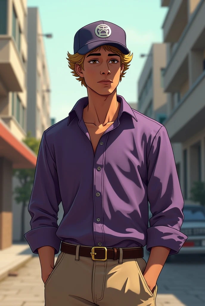 A young male with a little muscle, but not too much, of a 1,77 tall, brown dark eyes, curly blonde hair with half-dead eyes and a little dark circles, cosplaying as an NPC from the Ballas gang in GTA San Andreas wearing a purple blouse and beige pants with a slightly more finished straight-brimmed cap