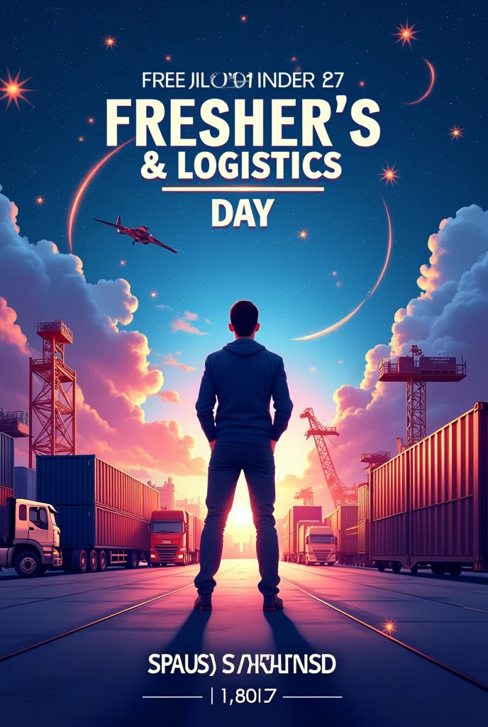 Aesthetic poster for fresher day party using shipping and logistics theme and using small stars  
And use compass also and look like very creative 