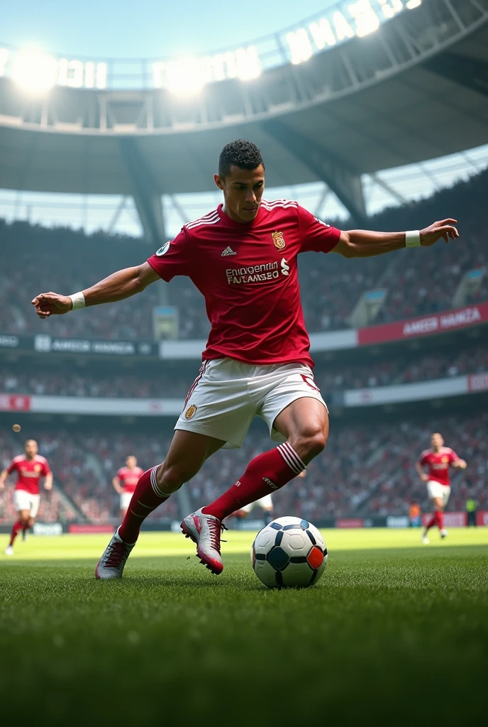 Cristiano Ronaldo kicking a football in a stadium and Ameer Hamza written on the stadium