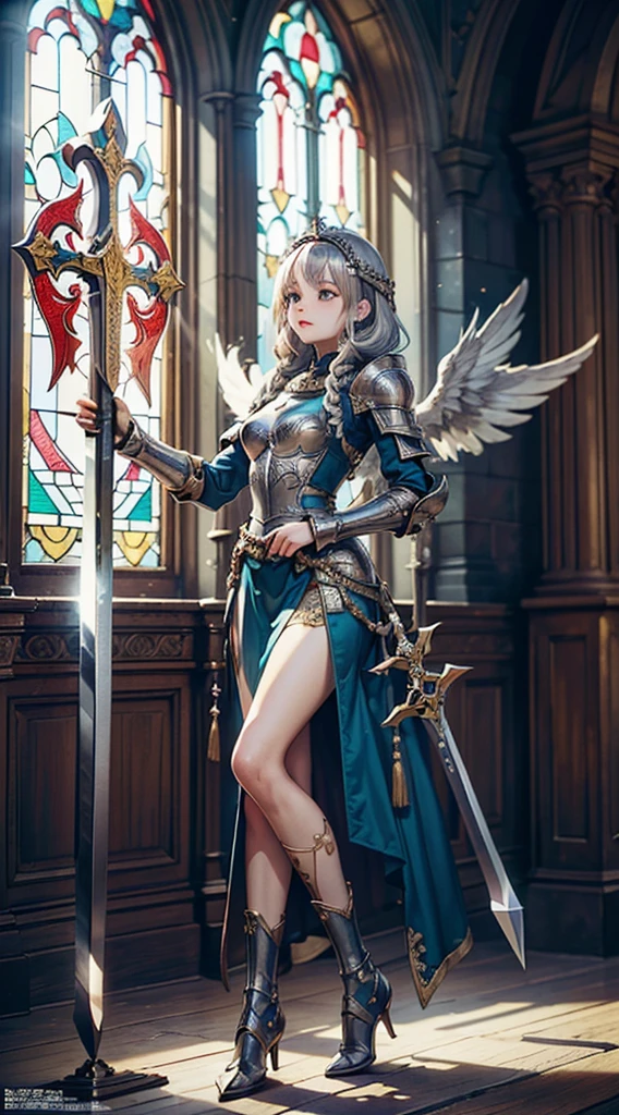 (Official art、Best Quality、Unity 8k Wallpapers、32K、masterpiece、ultra-detailliert、超A high resolution、realisitic、Photorealsitic、Very ridiculous:1.2)、(Cinematic lighting:1.2)、Fireglow effect、film grains、Best Shadows、Rim lighting、side lights、(Ultra-detailed and complex 3D rendering)、Detailed beautiful face and eyes、Sharp pupils、Realistic pupils、A slender、1Man Woman、Medium bust、(Full body:1.2)、 beauitful face、1 beautiful girl、(super detailed skin、detailed skin textures:1.3)、(silver blond、Blue-silver hair:1.3)、Paladin、Longhaire、Blunt bangs、Green eyes、3 braids in 1 bunch、(Blue Armor、Blue Boots、Blue helmet、Jeweled、Gold embroidery)、A slender、Maxi skirt、(thighs thighs thighs thighs:0.8)、(chies、in a house、Artistic stained glass、Large pipe organ、crosses、Hello Point、Mystical、a lot of feathers float、angelicales、Particles of light、solemnity、Sunlight is、colourfull、Fantastical:1.2)、(Fantastical:1.3)、(Holding the Holy Sword:1.4)、(Looking away、looking distantly:1.3)、Fantastical、Gentle smile
