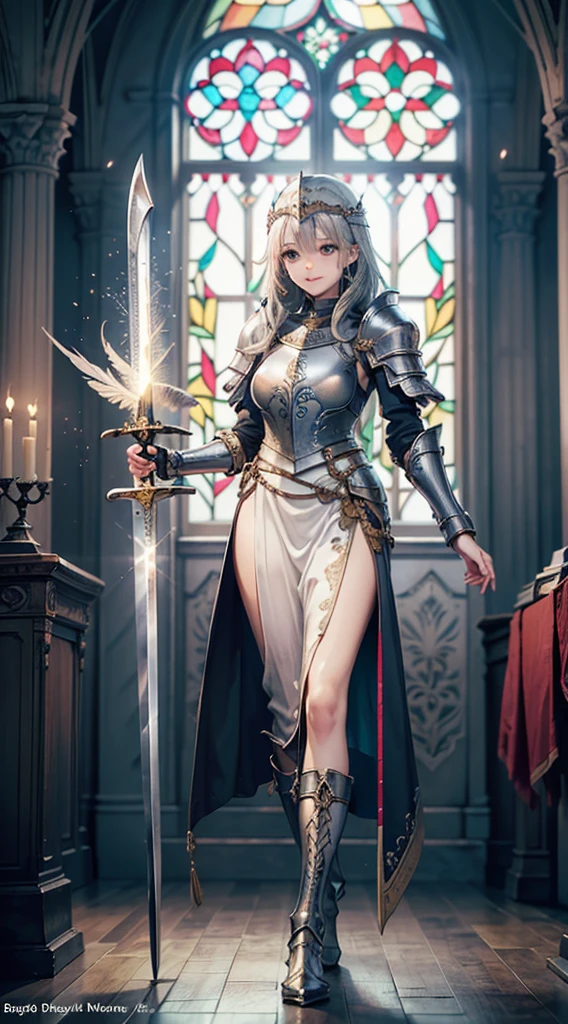 (Official art、Best Quality、Unity 8k Wallpapers、32K、masterpiece、ultra-detailliert、超A high resolution、realisitic、Photorealsitic、Very ridiculous:1.2)、(Cinematic lighting:1.2)、Fireglow effect、film grains、Best Shadows、Rim lighting、side lights、(Ultra-detailed and complex 3D rendering)、Detailed beautiful face and eyes、Sharp pupils、Realistic pupils、A slender、1Man Woman、Medium bust、(Full body:1.2)、 beauitful face、1 beautiful girl、(super detailed skin、detailed skin textures:1.3)、(silver blond、Blue-silver hair:1.3)、Paladin、Longhaire、Blunt bangs、Green eyes、3 braids in 1 bunch、(Blue Armor、Blue Boots、Blue helmet、Jeweled、Gold embroidery)、A slender、Maxi skirt、(thighs thighs thighs thighs:0.8)、(chies、in a house、Artistic stained glass、Large pipe organ、crosses、Hello Point、Mystical、a lot of feathers float、angelicales、Particles of light、solemnity、Sunlight is、colourfull、Fantastical:1.2)、(Fantastical:1.3)、(Holding the Holy Sword:1.4)、(Looking away、looking distantly:1.3)、Fantastical、Gentle smile