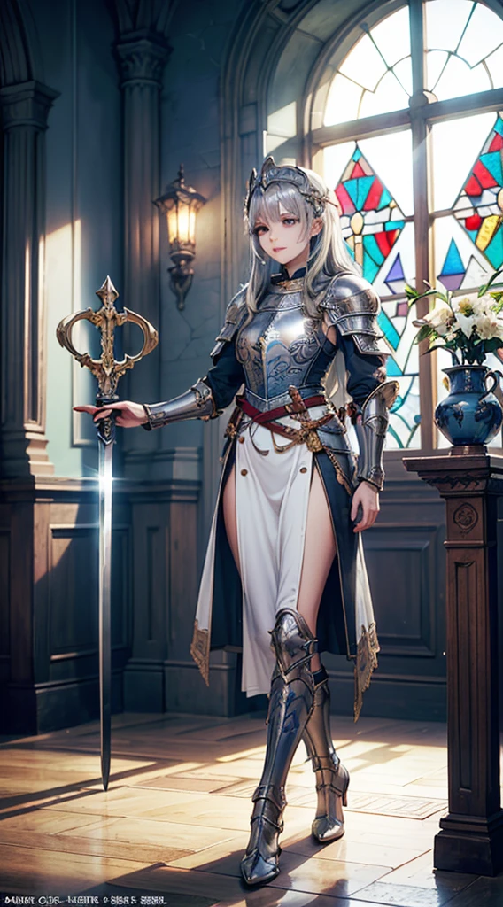 (((fantasy, cathedral:1.4))), (((midnight:1.4))), masterpiece, best quality, ultra-detailed, high resolution, extremely detailed cg, 8k, beautiful detailed eyes, depth of field, perfect anatomy, super detailed skin, cinematic lighting, dynamic lighting, anime picture, shiny hair and skin, detailed outfit, 【break】, ((cowboy shot, looking down , standing, zettai ryouiki,((A 1young girl swordsman, holding a 1sword in one hand, stylish poes:1.3)), (((a 1girl is , child, little young girl age8, soro:1.6))), ((afterglow)), (((blonde hair, Braided hair:1.3))), (beautiful detailed blue eyes), white-skinned, (((child short stature, child body shape, young face, cute face, small breasts, slim:1.4))), , wizard, ((Pure white silk, white blouse:1.3)), ((blue mini skirtt, blue mantle:1.4)), ((White knee-high stockings:1.2)), ((white short boots)), ((
cleavage cutout, Breastplate of silver metal, light armor of silver metal:1.2)),