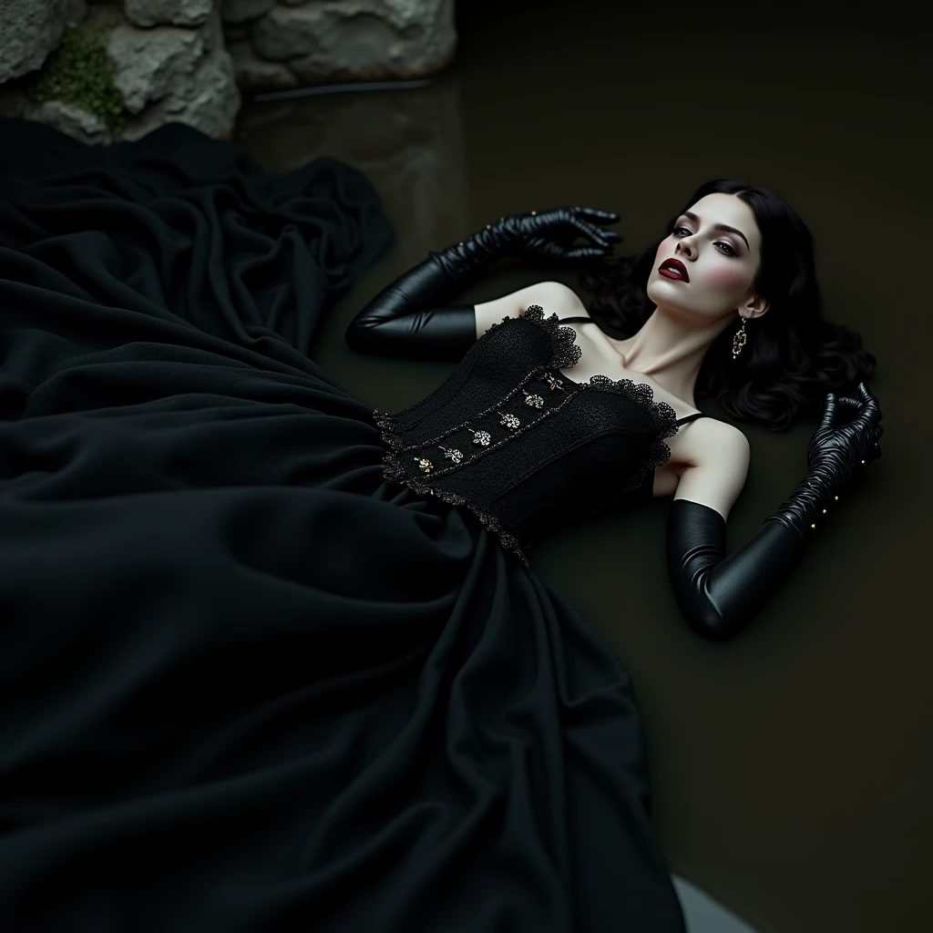 a chic ensemble stylish gotrhic woman in a dark black gothic baroque mess dress recline walking eleganty quaint in inblack sludge pool (best quality,4k,8k,highres,masterpiece:1.2),ultra-detailed,(realistic,photorealistic,photo-realistic:1.37),HDR,UHD,studio lighting,ultra-fine painting,sharp focus,physically-based rendering,extreme detail description,professional,vivid colors,bokeh,portrait,high fashion,elegant,glamorous,cinematic,dramatic lighting,moody,mysterious,sensual,sophisticated