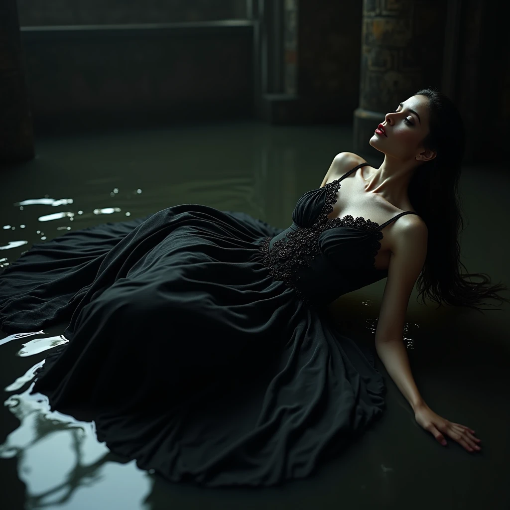 a chic ensemble stylish gotrhic  woman in a dark black gothic baroque mess dress recline walking eleganty quaint in  inblack sludge pool (best quality,4k,8k,highres,masterpiece:1.2),ultra-detailed,(realistic,photorealistic,photo-realistic:1.37),HDR,UHD,studio lighting,ultra-fine painting,sharp focus,physically-based rendering,extreme detail description,professional,vivid colors,bokeh,portrait,high fashion,elegant,glamorous,cinematic,dramatic lighting,moody,mysterious,sensual,sophisticated