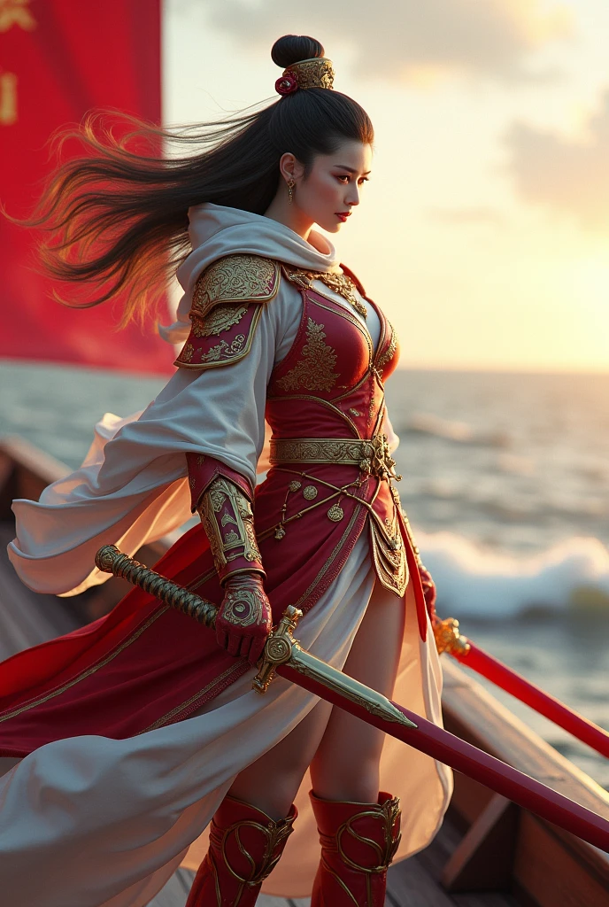 (masterpiece, best quality, beauty,best ratio, best illustation, best shafows) uhd,china female kungfu, korean beauty like tae yon, her face fully visible to front, shining red eyes, windblown hair, wear red mate general full body armor boots, white hoody, left hand holding gold emperor shield and big red god sword, on china emperor war boat and open sea seen. bright sky and cloud seen on far away. use the RenderMan renderer.digital art. High definition, high contrast,high color saturation,128k,cinematic lighting, intricate,cinematic advertising photograph,cinema lens,high res.