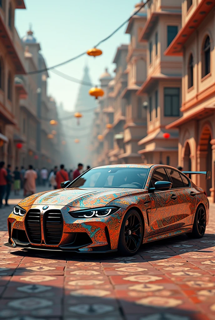 A new bmw M3 with indian culture designed, realistic, unreal engine,fully detailed 