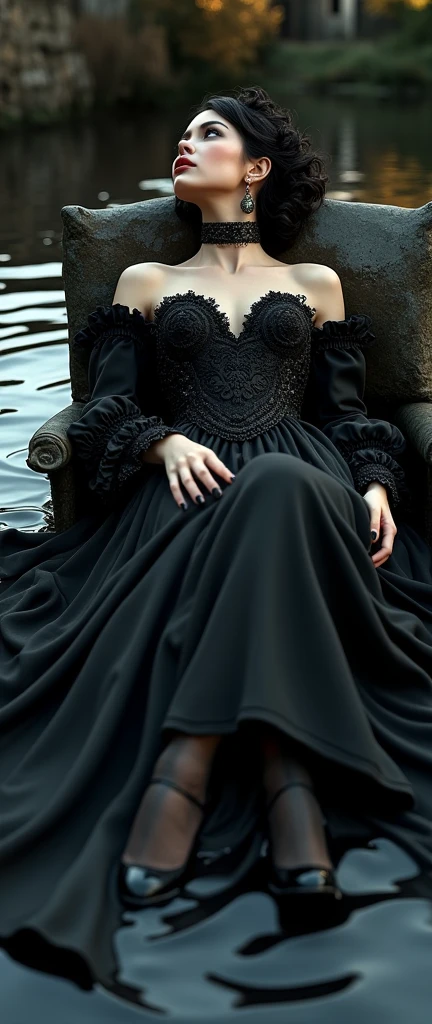 a chic ensemble stylish gotrhic woman in a dark black gothic baroque mess dress recline walking eleganty quaint in inblack sludge pool (best quality,4k,8k,highres,masterpiece:1.2),ultra-detailed,(realistic,photorealistic,photo-realistic:1.37),HDR,UHD,studio lighting,ultra-fine painting,sharp focus,physically-based rendering,extreme detail description,professional,vivid colors,bokeh,portrait,high fashion,elegant,glamorous,cinematic,dramatic lighting,moody,mysterious,sensual,sophisticated