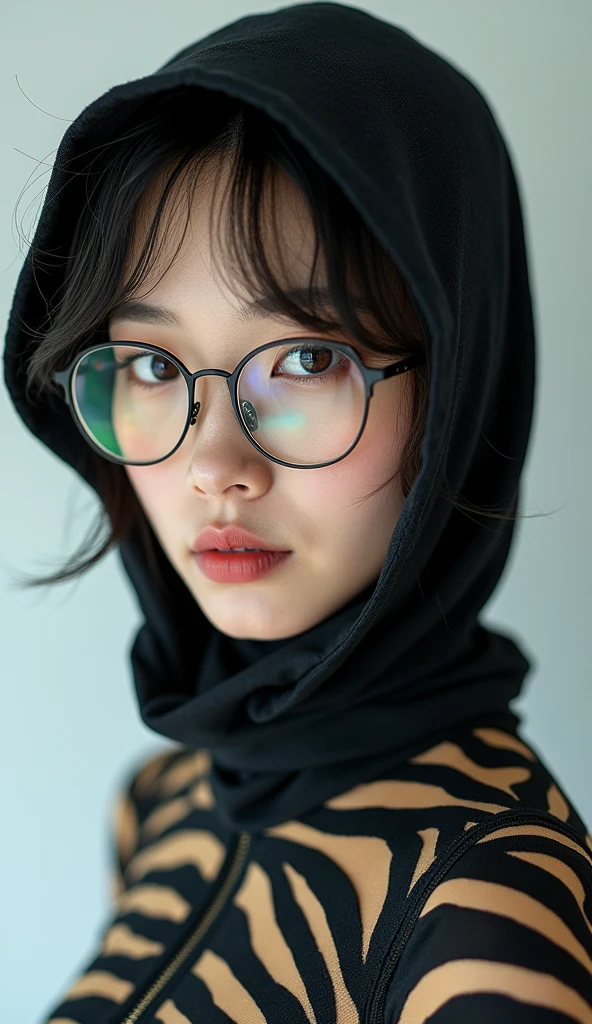 a most beautiful Chinese Asian woman named Tiaw Li Yin with a pair of glasses wears zebra print unitard catsuit.She always wear zebra print contortion dancewear hijab-like hood.